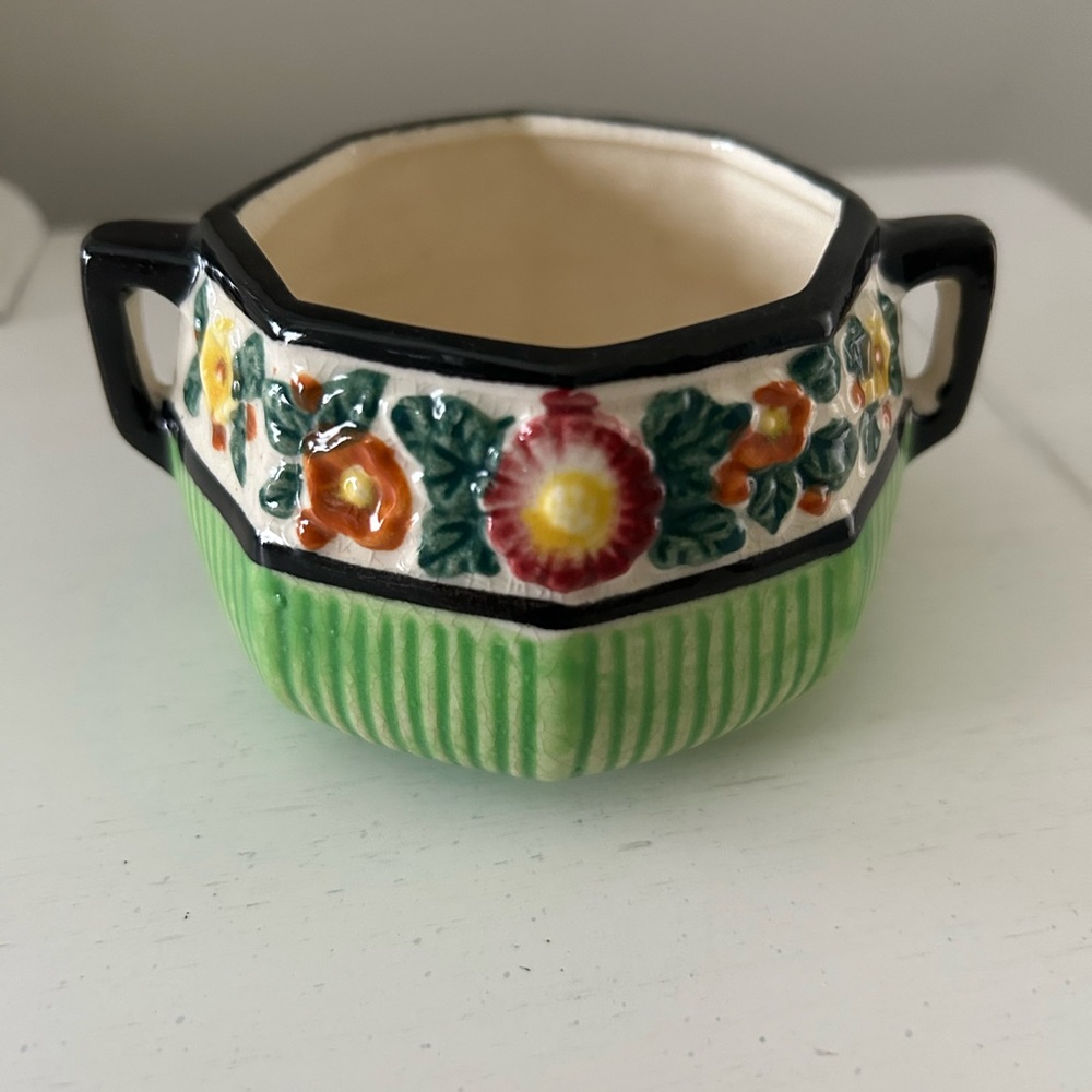 Vintage Green and Yellow Floral Marhuon Ware Ceramic Sugar Bowl with Handles